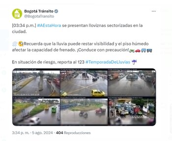 Las lloviznas en la ciudad están creando condiciones resbaladizas, por lo que piden mantener una velocidad moderada - crédito @BogotaTransito/X