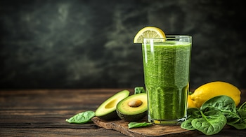 Vaso transparente con licuado verde espeso de kale, aguacate, limón y espinacas, acompañado de ingredientes frescos sobre fondo claro. – (Imagen Ilustrativa Infobae)