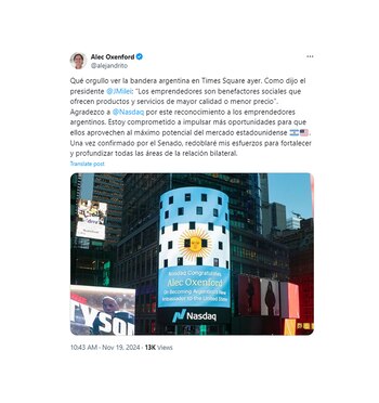 El tuit de Oxenford agradeciendo