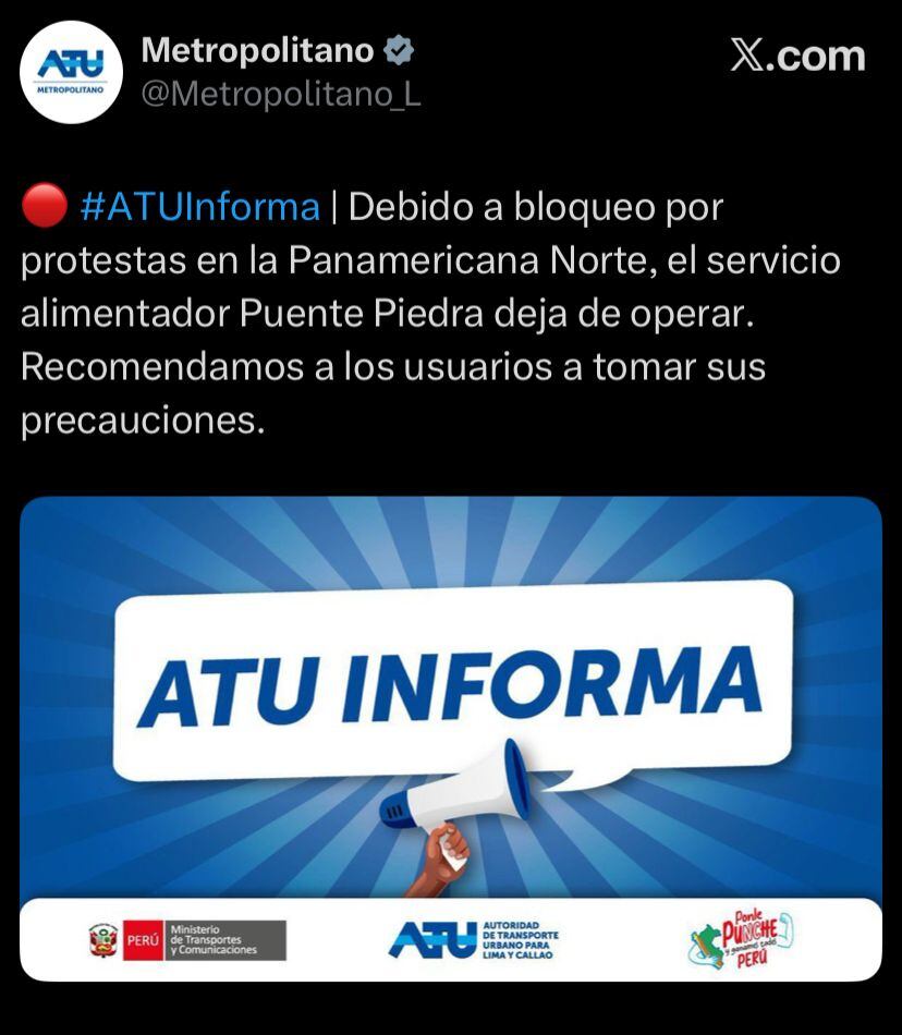 La Autoridad de Transporte Urbano para Lima y Callao (ATU) informó sobre la suspensión temporal del servicio alimentador Puente Piedra| ATU