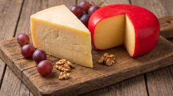 Un trozo de queso provolone, un queso gouda con cubierta roja, uvas rojas y nueces sobre una tabla de madera.