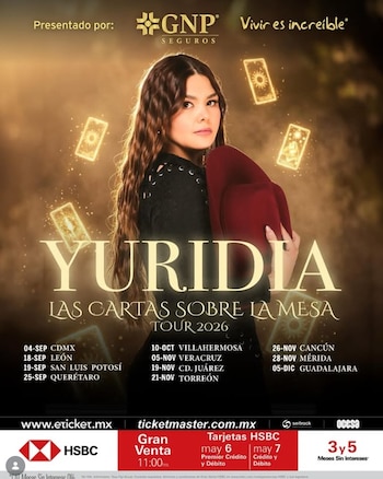 La preventa de boletos para Yuridia estará disponible exclusivamente con tarjetas HSBC los días 6 y 7 de mayo, antes de la venta general en Ticketmaster (IG)