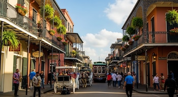 Un tranvía y carruajes de