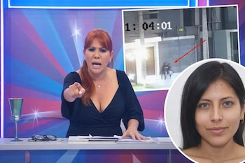 Magaly Medina, de cabello rojizo, en un set de TV, señala con expresión de enojo. Una superposición muestra un video de seguridad y el retrato de una mujer.