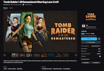 Captura de pantalla de la página de la tienda del videojuego Tomb Raider I-III Remastered, mostrando a tres versiones de Lara Croft y el logo
