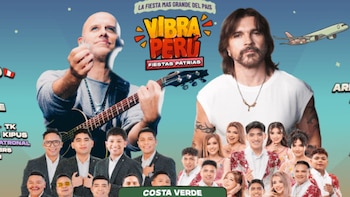 Cartel promocional del festival Vibra Perú. Incluye dos hombres cantantes y varios grupos musicales. Hay un título 'Vibra Perú' y un avión caricatura