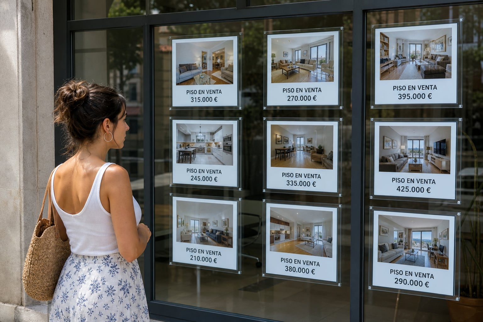 Una mujer mira anuncios de viviendas en venta en el escaparate de una inmobiliaria. (Imagen Ilustrativa Infobae)