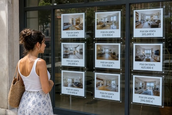 Una mujer de perfil observa varios carteles con fotografías y precios de pisos en venta expuestos en el cristal de una inmobiliaria.