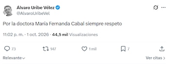 Álvaro Uribe se refirió a la salida de María Fernanda Cabal del Centro Democrático