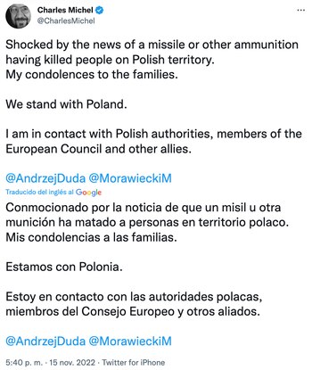 Tuit de Charles Michel (Twitter: