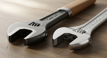 Primer plano de una llave inglesa con mango de madera y una llave francesa completamente metálica, ambas sobre una mesa de madera.