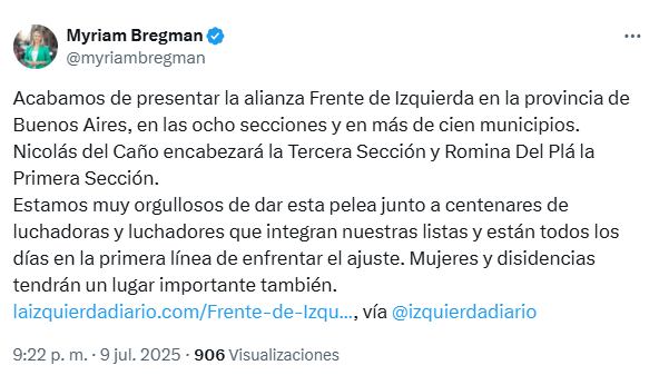 Myriam Bregman confirmó la alianza Frente de Izquierda en redes sociales