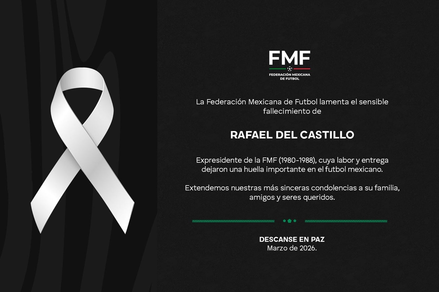 La Federación Mexicana de Fútbol lamenta el fallecimiento de Rafael del Castillo, expresidente de la FMF (1980-1988), destacando su importante legado en el fútbol mexicano. (X/ @FMF)