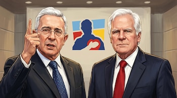 Ilustración de dos hombres de cabello blanco, Álvaro Uribe Vélez con gafas y señalando, y Miguel Uribe Londoño con corbata roja, frente a un logo político.