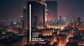 Portada de libro con los textos Federico García Lorca, Poeta en Nueva York y Leamos sobre una vista urbana nocturna con una chimenea.
