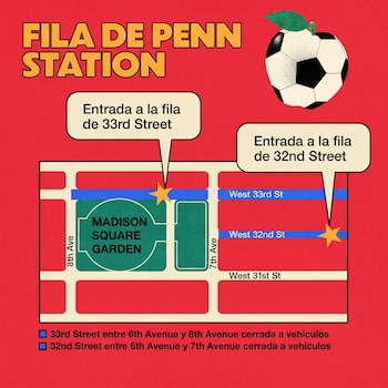 Mapa rojo: entradas a la fila de Penn Station (33rd Street, 32nd Street), Madison Square Garden, cierres de calles y balón de fútbol-manzana.