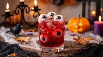 Vaso con líquido rojo, hielo, lichis y arándanos sobre una mesa de madera con calabaza iluminada, velas encendidas, hojas secas y telarañas.
