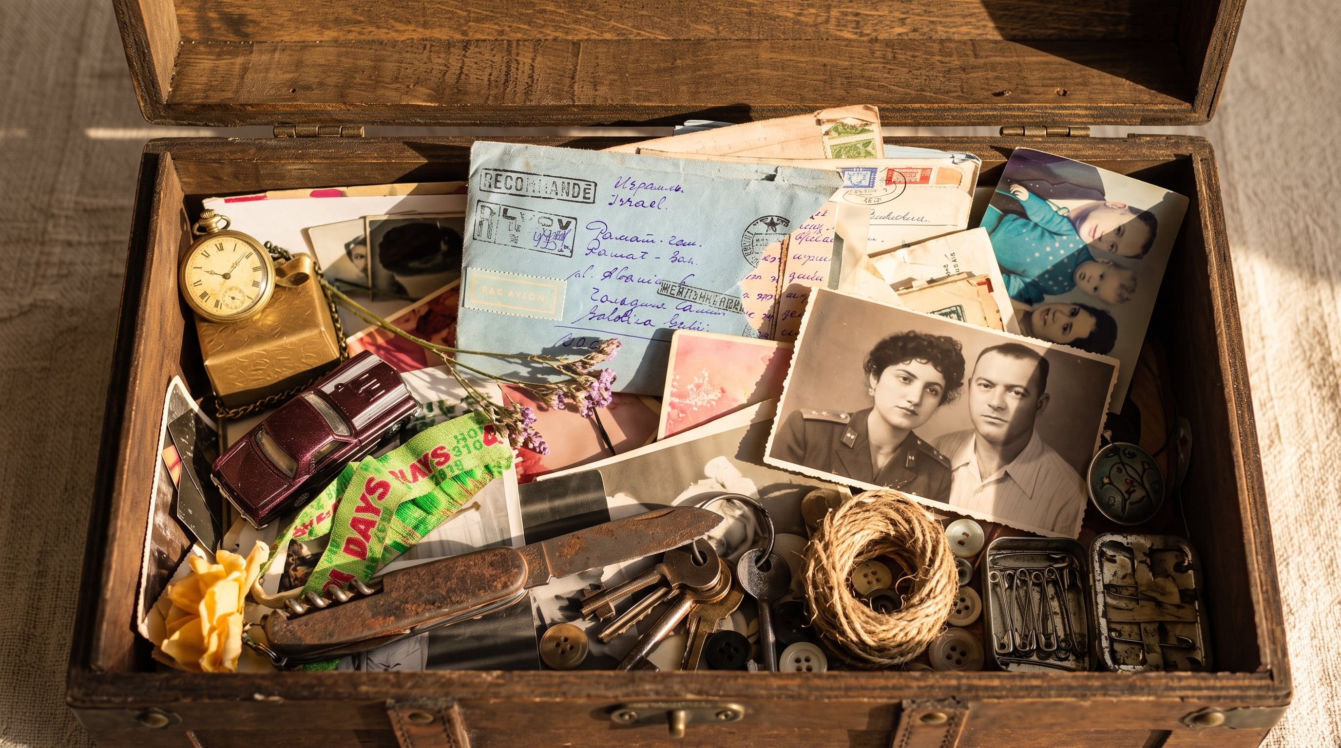 Una caja de madera abierta guarda objetos personales, como fotografías antiguas, cartas, llaves y un reloj de bolsillo. (Imagen Ilustrativa Infobae)