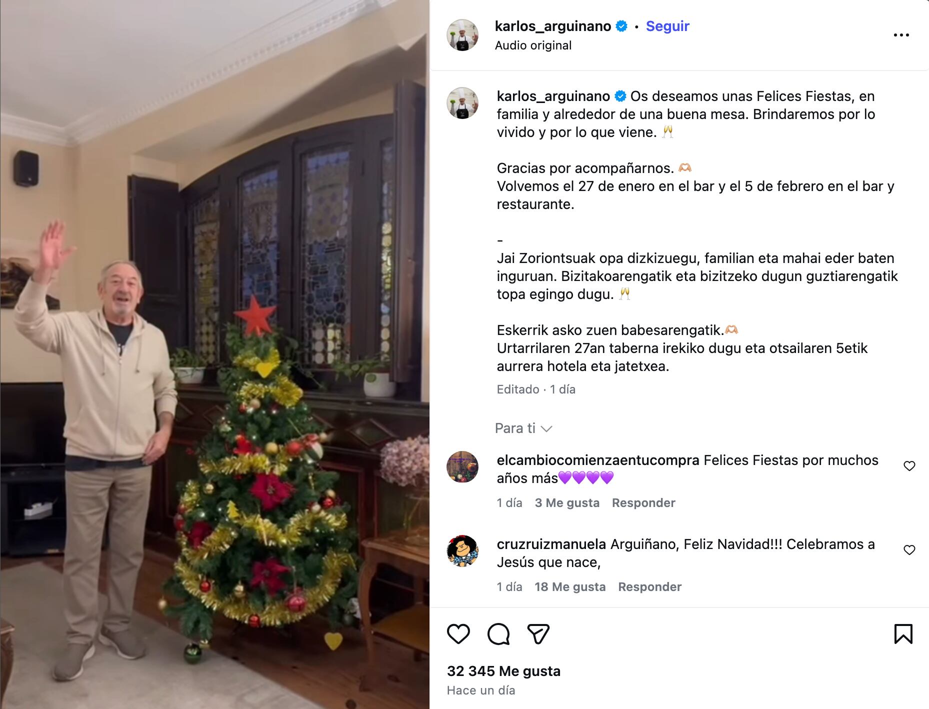Karlos Arguiñano felicita la Navidad (Instagram)