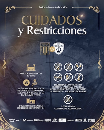 Cuidados y restricciones para el ingreso al partido entre Alianza Lima y Sport Huancayo.