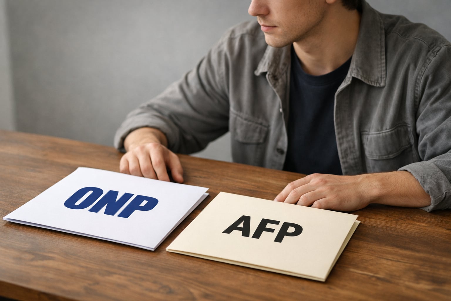 Una persona joven analiza con detenimiento dos sobres, uno con el logo de la ONP y otro de la AFP, representando la compleja decisión sobre el sistema de pensiones en Perú. (Imagen Ilustrativa Infobae)