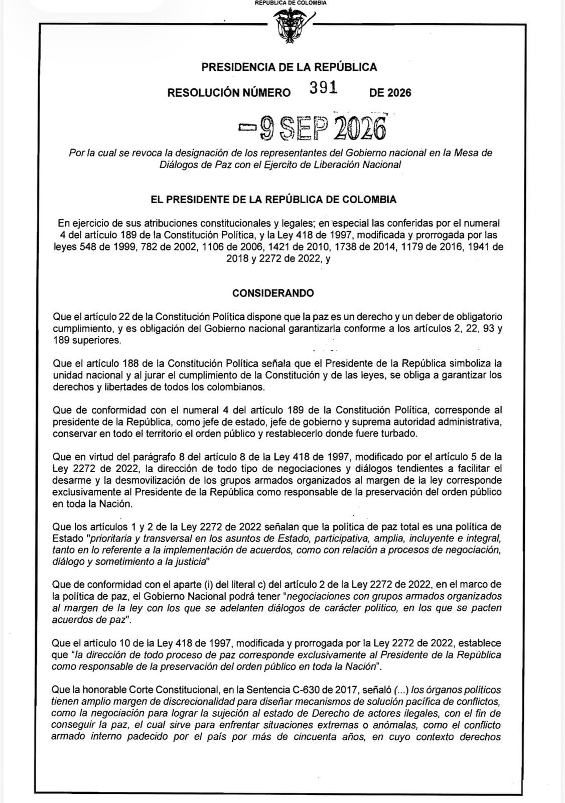 La Resolución 391 de 2026 establece la revocación de las designaciones de los representantes del Gobierno nacional en la mesa de diálogos de paz con el ELN. - crédito X