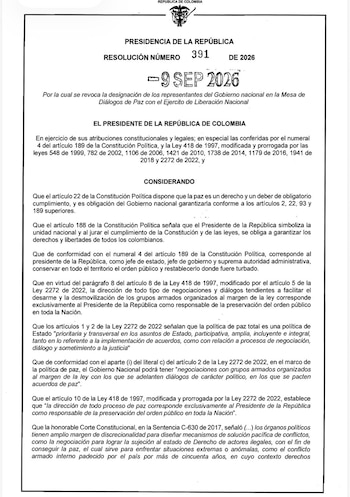 La Resolución 391 de 2026 establece la revocación de las designaciones de los representantes del Gobierno nacional en la mesa de diálogos de paz con el ELN. - crédito X