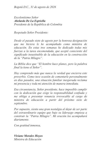 Viviane Morales afirmó en su carta de renuncia que un motivo personal le impide seguir en el cargo con la dedicación requerida - crédito @ABDELAESPRIELLA / X