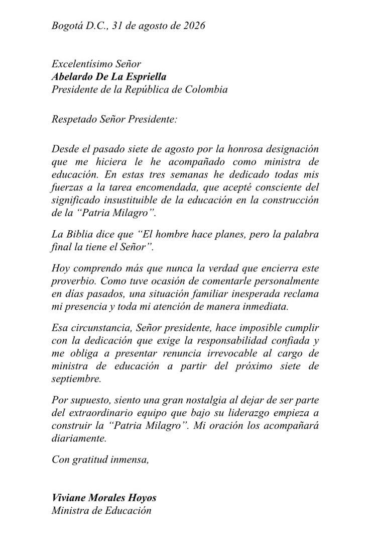 Viviane Morales afirmó en su carta de renuncia que un motivo personal le impide seguir en el cargo con la dedicación requerida - crédito @ABDELAESPRIELLA / X