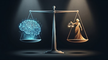 Ilustración de una balanza de justicia con un cerebro electrónico luminoso en el plato izquierdo y una figura humana estilizada con una pequeña balanza en el derecho, sobre un fondo oscuro.