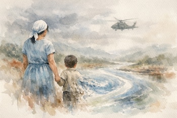 Ilustración en acuarela de una madre y su hijo de espaldas junto a un río sinuoso. La mano del niño se diluye en el agua. Un helicóptero militar en cielo nublado.