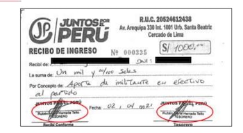 Recibo de aporte privado. No hay firma del supuesto aportante, sino que aparece la firma doble del tesorero.