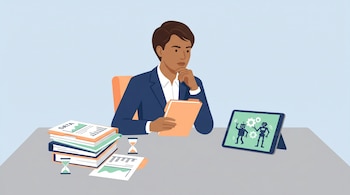 Ilustración de un CEO sentado ante una mesa. A la izquierda, documentos de datos; a la derecha, una tablet con robots. El CEO mira la tablet pensativo.