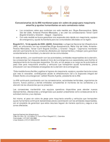 El Ministerio de Transporte informó en un comunicado que el esquema aplica en seis corredores donde se mantiene la atención permanente por afectaciones asociadas a la emergencia - crédito @MinTransporteCo/X