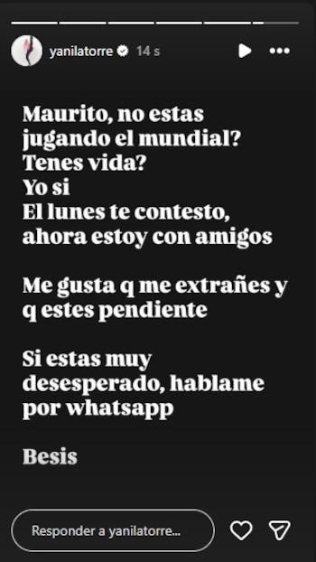 Captura de pantalla de una historia de Instagram de Yanina Latorre con texto en fondo negro, botón de respuesta, icono de corazón y de avión de papel