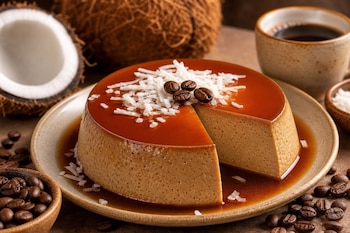 Un flan bañado en caramelo con coco rallado y granos de café sobre un plato, junto a cocos abiertos y una taza de café.