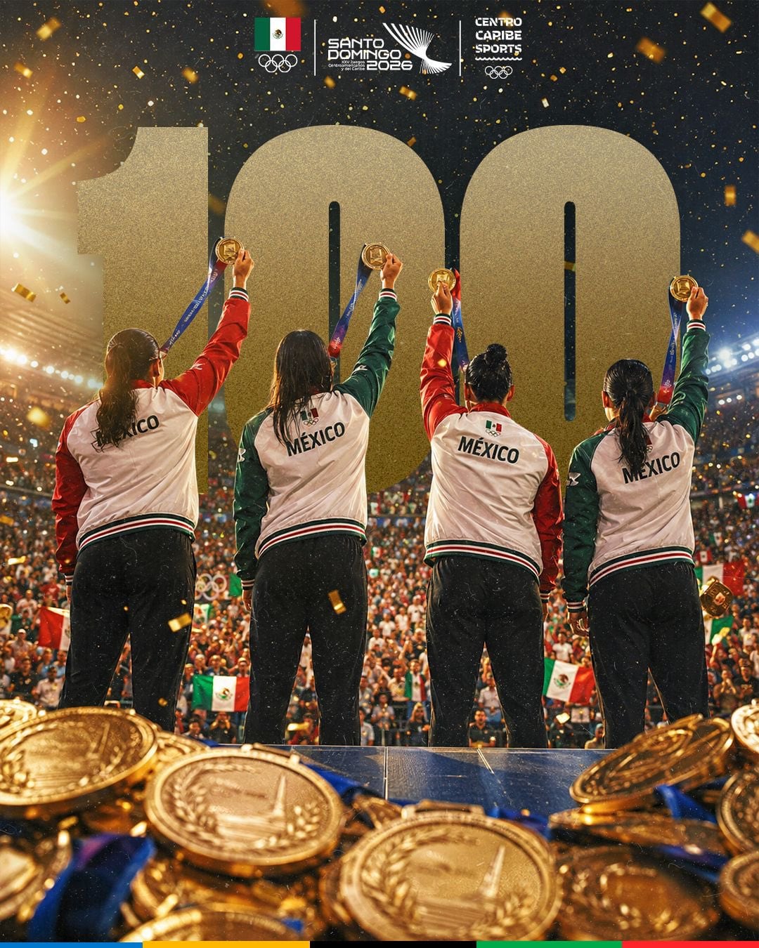 Cuatro atletas mexicanas, de espaldas al público en un estadio, elevan sus medallas de oro mientras el número 100 dorado y logotipos de Santo Domingo 2026 enmarcan la escena. (X / Comité Olímpico Mexicano )