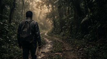 Hombre de espaldas con mochila y camisa oscura camina por un sendero de tierra en una selva densa, sosteniendo una imagen de la Virgen. Luz tenue al fondo.