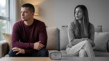 Hombre y mujer sentados distantes en un sofá. Él mira a la izquierda (color), ella a la derecha (escala de grises). Un reloj de mesa se ve al frente.