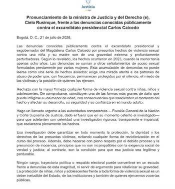 La ministra de Justicia y del Derecho encargada, Cielo Rusinque, se pronunció el 21 de julio de 2026 sobre las denuncias conocidas públicamente contra Caicedo - crédito @MinjusticiaCo/X