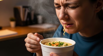 Primer plano de una mujer comiendo fideos instantáneos de un vaso blanco, con parte de los fideos colgando de su boca y expresión facial de desagrado.