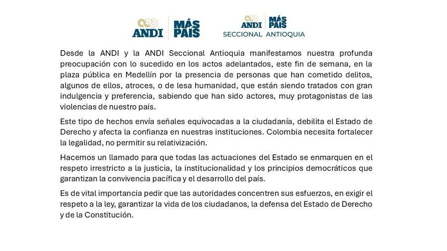 Comunicado de la Andi por la presencia de jefes de bandas criminales en evento presidencial en Medellín. (Crédito: Andi)