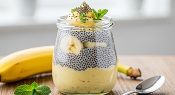 Un vaso de cristal con natilla de chía y plátano en capas, decorado con semillas de chía y hojas de menta. Un plátano y una cuchara están a su lado.