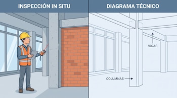 Ilustración dividida que muestra a un operario midiendo una columna a la izquierda y un esquema de columnas y vigas a la derecha.