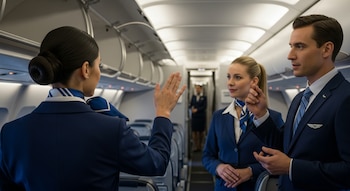 Tres miembros de la tripulación de cabina, dos mujeres y un hombre, en uniforme azul, se comunican mediante gestos en el pasillo iluminado de un avión.