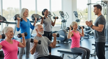 Cinco adultos, tres mujeres y un hombre, usan pesas ligeras con un entrenador masculino en un gimnasio con máquinas de ejercicio y ventanas.