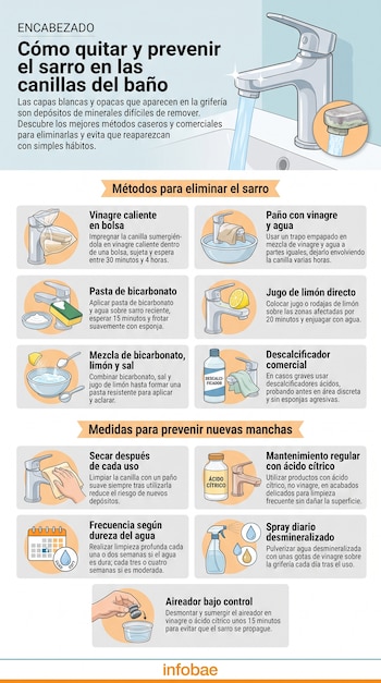 Grifo de baño con agua, texto explicativo, ilustraciones de seis métodos para eliminar el sarro y cinco consejos para prevenir su aparición en canillas del baño.