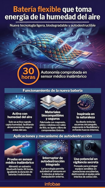 Infografía con batería flexible inspirada en pangolín. Texto sobre su funcionamiento con humedad del aire, autonomía (30 horas) y aplicaciones. Fuente Infobae.