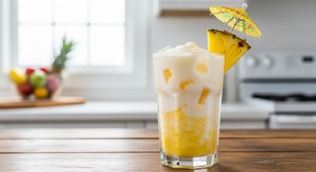 Primer plano de un vaso de batido de piña y coco helado, adornado con una rodaja de piña y una sombrilla de papel, sobre una mesa de madera en una cocina.
