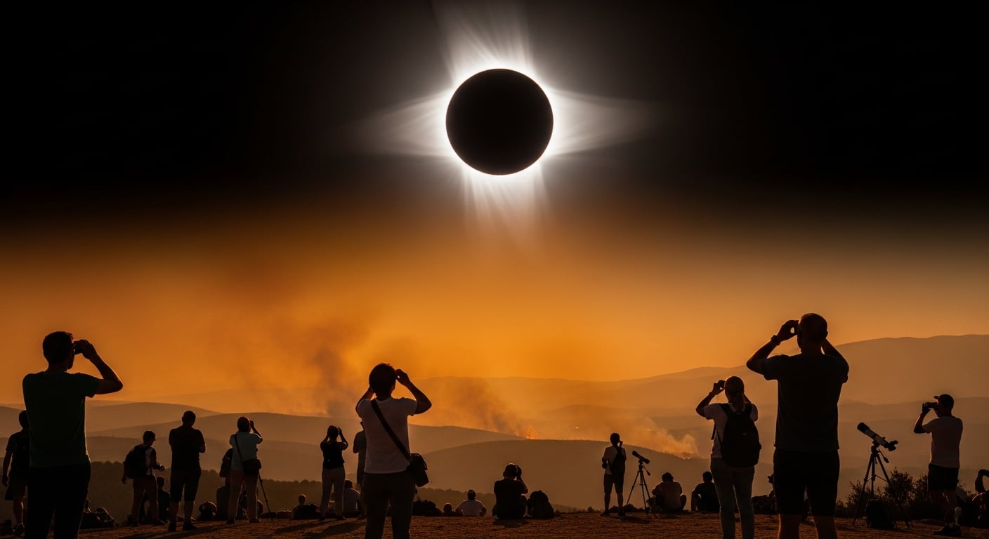 El eclipse solar total de 2022 congrega a múltiples observadores en España, quienes miran el fenómeno en un paisaje afectado por incendios forestales. (Imagen Ilustrativa Infobae)